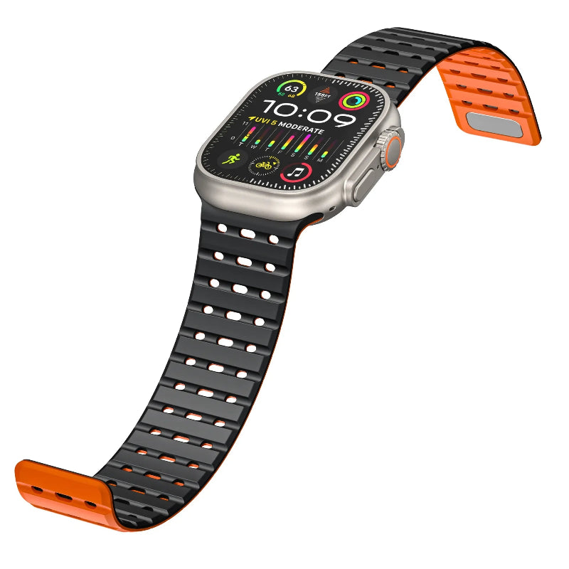 The image shows a variety of magnetic straps for Apple Watches in different colors, with a prominent orange strap displayed in detail, along with options for different watch models.