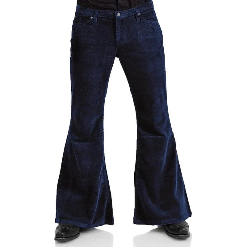 Blue bell-bottom pants on a white background