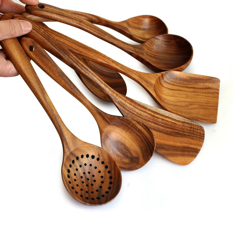 Thailand teak natural wood kitchen utensils set – spoon, ladle, turner, rice colander, soup skimmer, scoop cooking tools 5