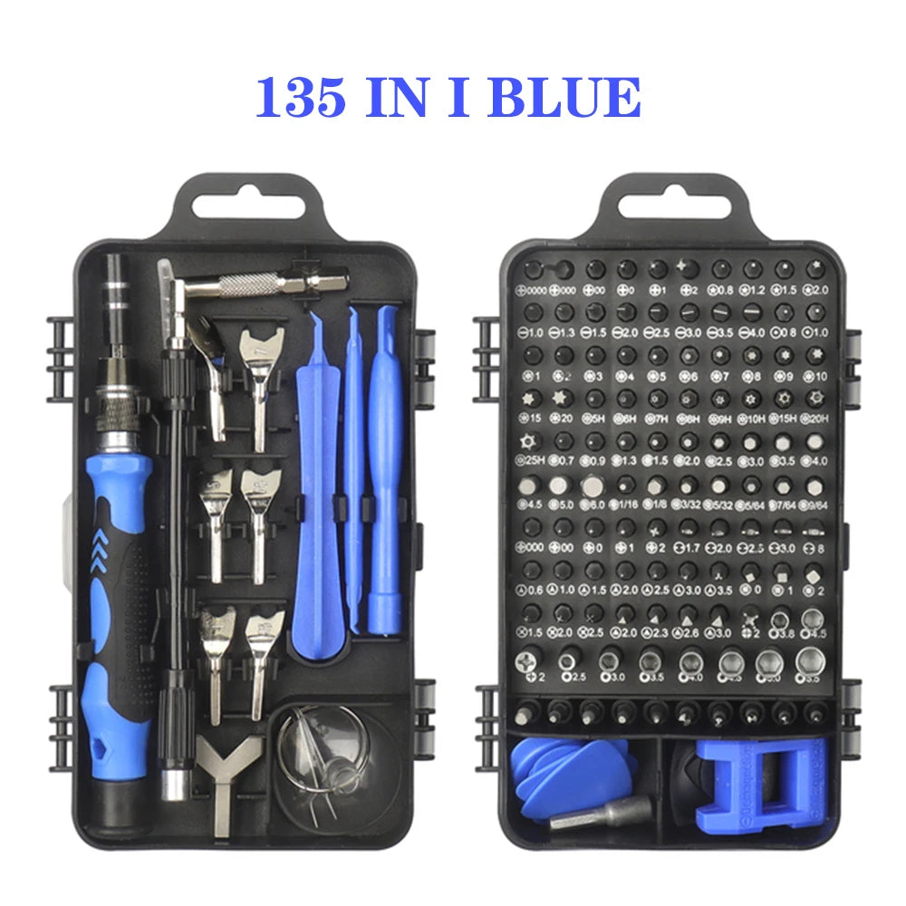 Screwdriver set with various tools and components in black and blue packaging on a white background.