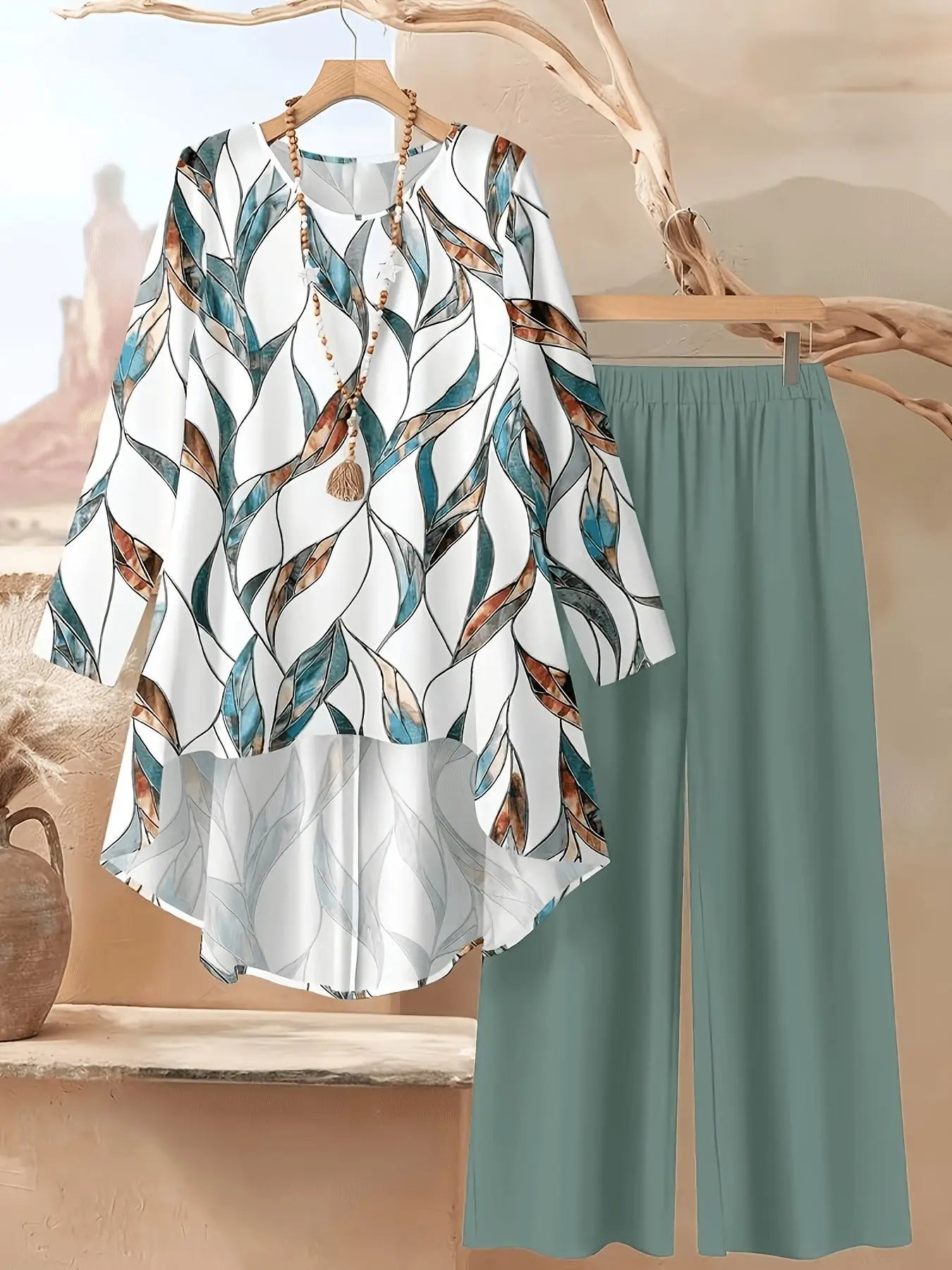 Casual Plus Size 2 Piece Set Women Outfit 2026 Fall Winter Summer Long Sleeve Floral Print Blouse Tops And Wide Leg Pant Sets