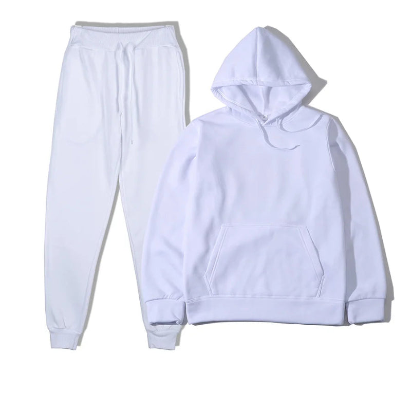 White hoodie and pants set on a white background
