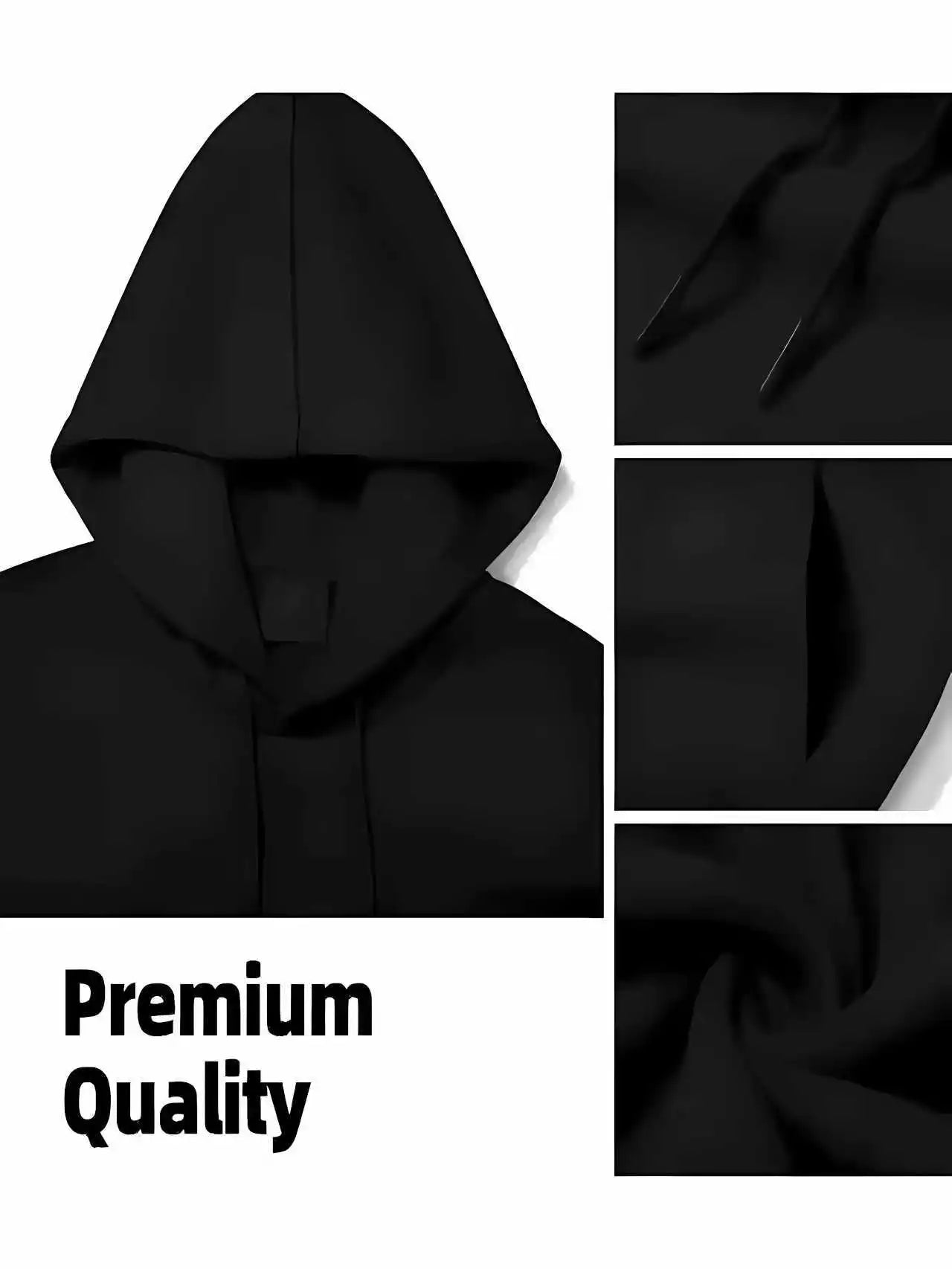 Black hoodie with close-up details on a white background, labeled 'Premium Quality'.