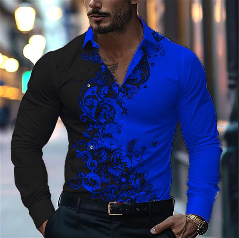 Man wearing a black and blue patterned shirt with a blurred city street background