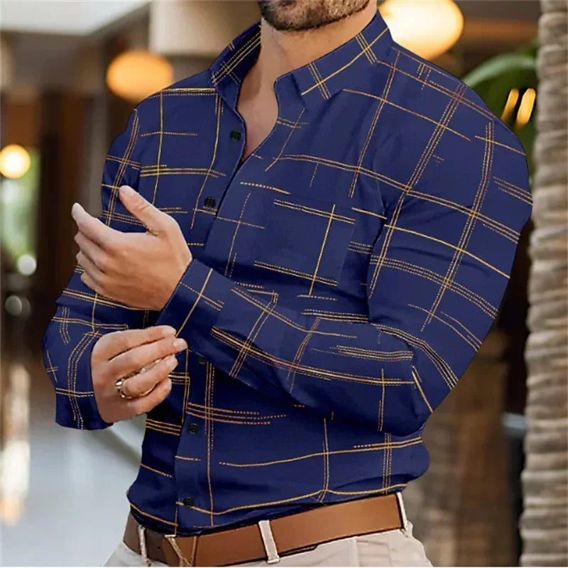 Man wearing a blue checkered shirt with blurred background