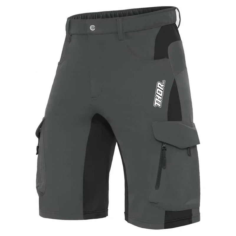 Gray cargo shorts with a brand logo on a white background