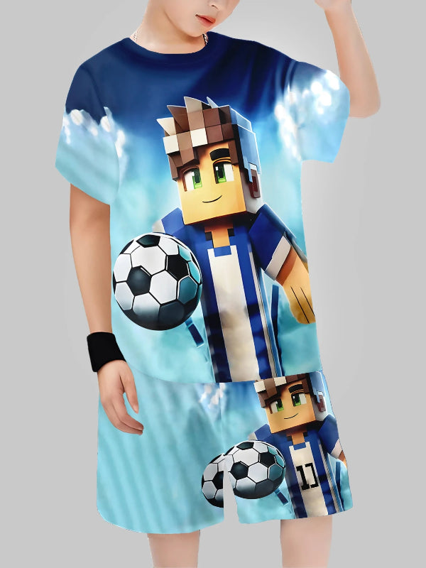 Child wearing a t-shirt with a cartoon character holding soccer balls on a gray background