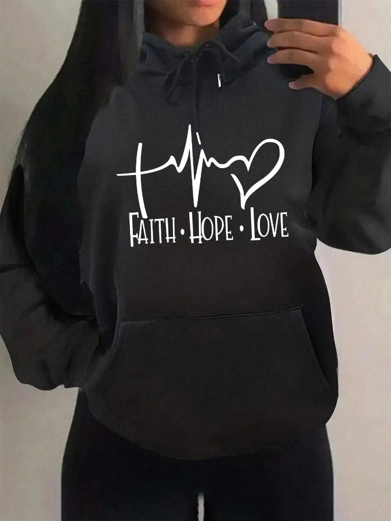 Faith Hope Love Letter Graphic Women Hoody  - Black 20d.