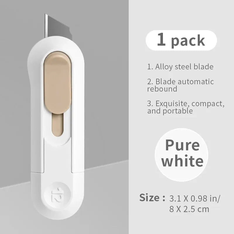 Compact mini box opener and paper cutting knife in a portable design for unboxing, stationery, and wallpaper cutting tasks white