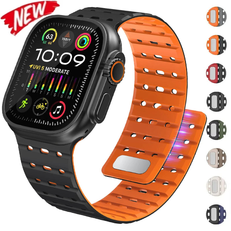 The image shows a variety of magnetic straps for Apple Watches in different colors, with a prominent orange strap displayed in detail, along with options for different watch models.