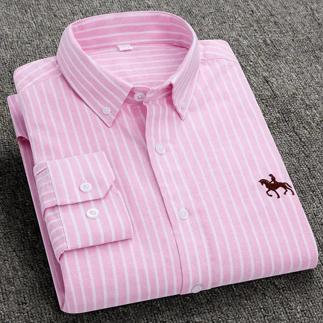 Men’s Oxford Cotton Shirt – Long Sleeve Embroidered Horse Design