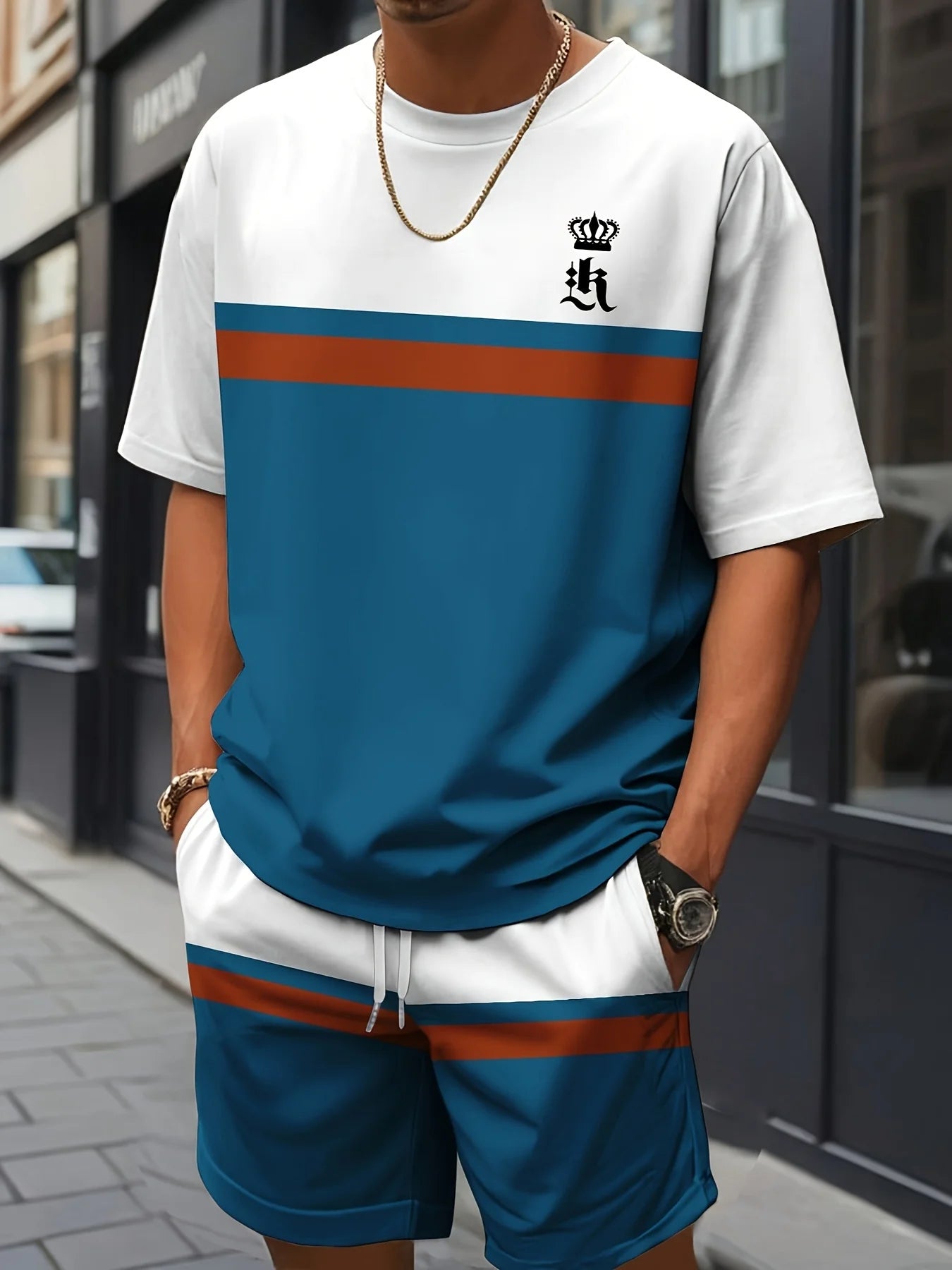 New Men's Cross Print T-Shirt and Shorts Set Stylish Streetwear Short-Sleeve Top and Shorts Combination Holiday Men's Apparel