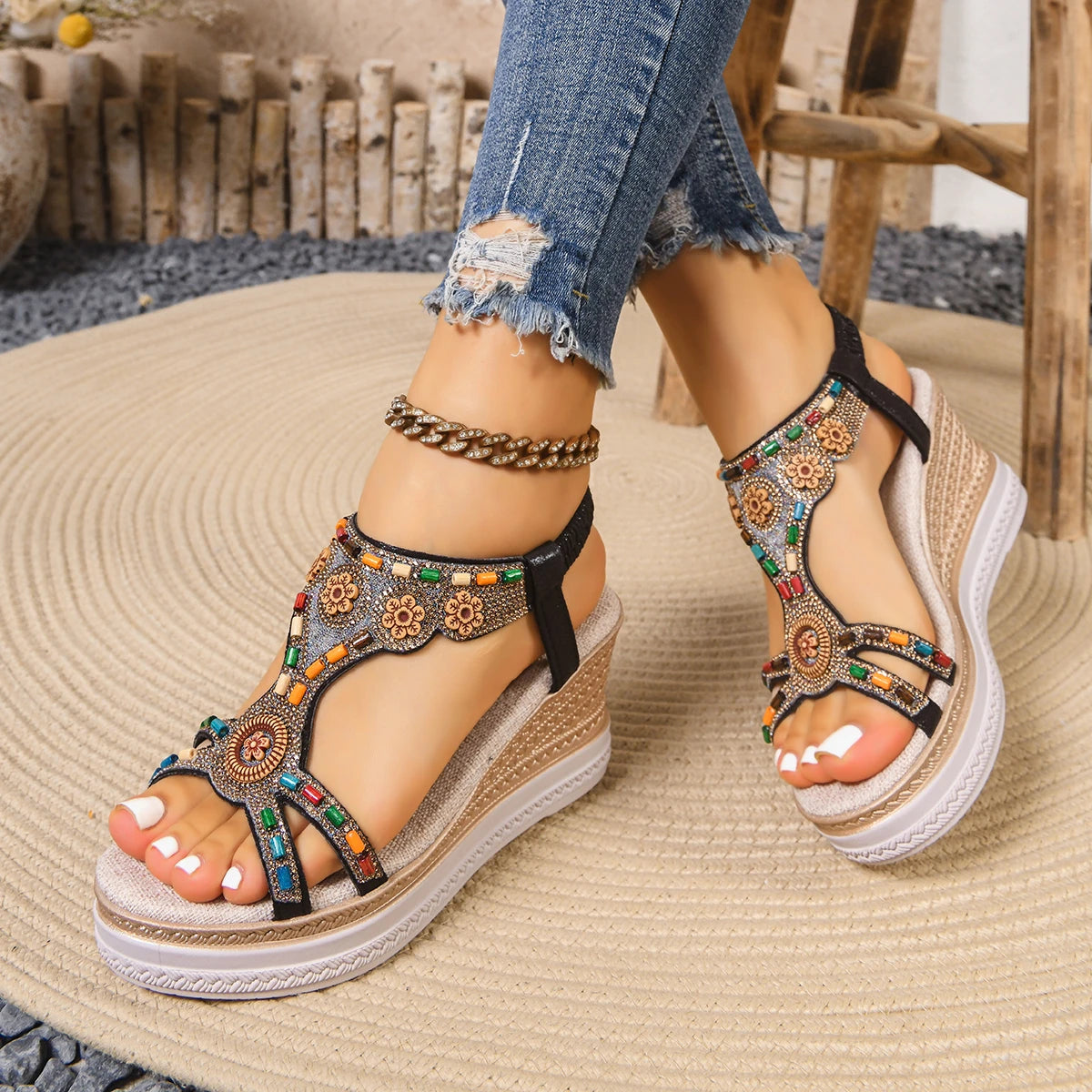 Rome Heels Fall New Round Toe Open Toe Rhinestone Platform Non-Slip Wear-Resistant Plus Size Sandals