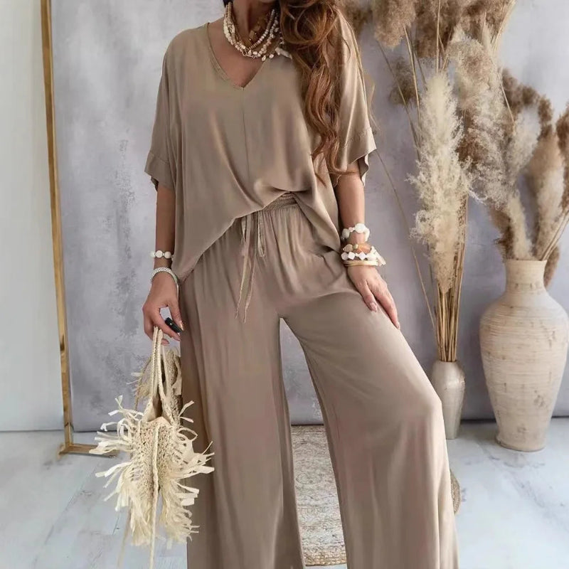Women’s 2-piece vacation outfit V-neck blouse and wide leg beachwear pants set khaki