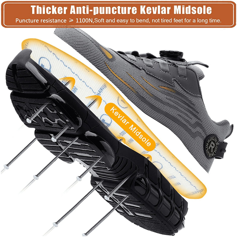 Gray shoe with Kevlar midsole and puncture resistance feature on a white background