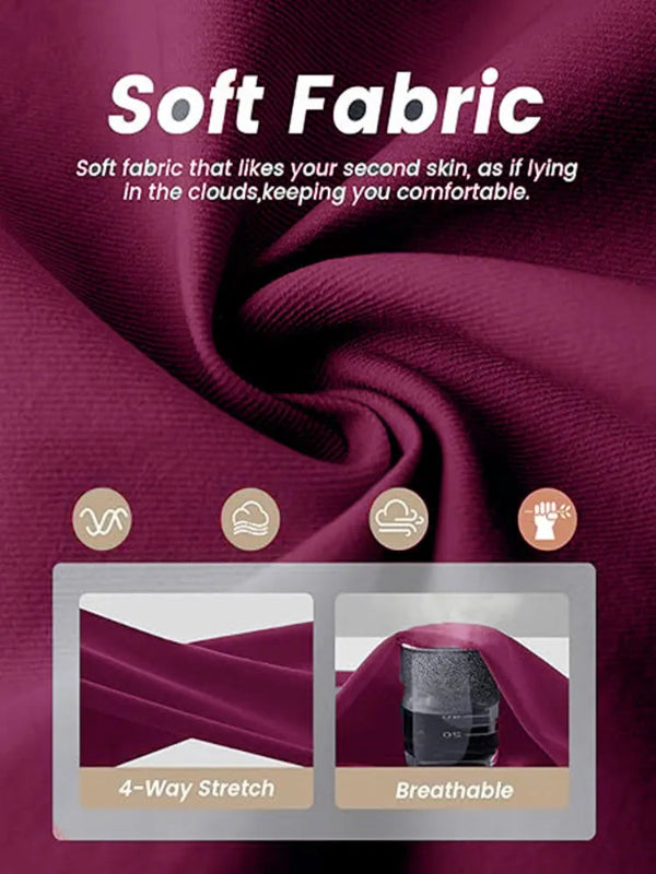 Purple fabric with text and icons highlighting softness, comfort, 4-way stretch, and breathability.