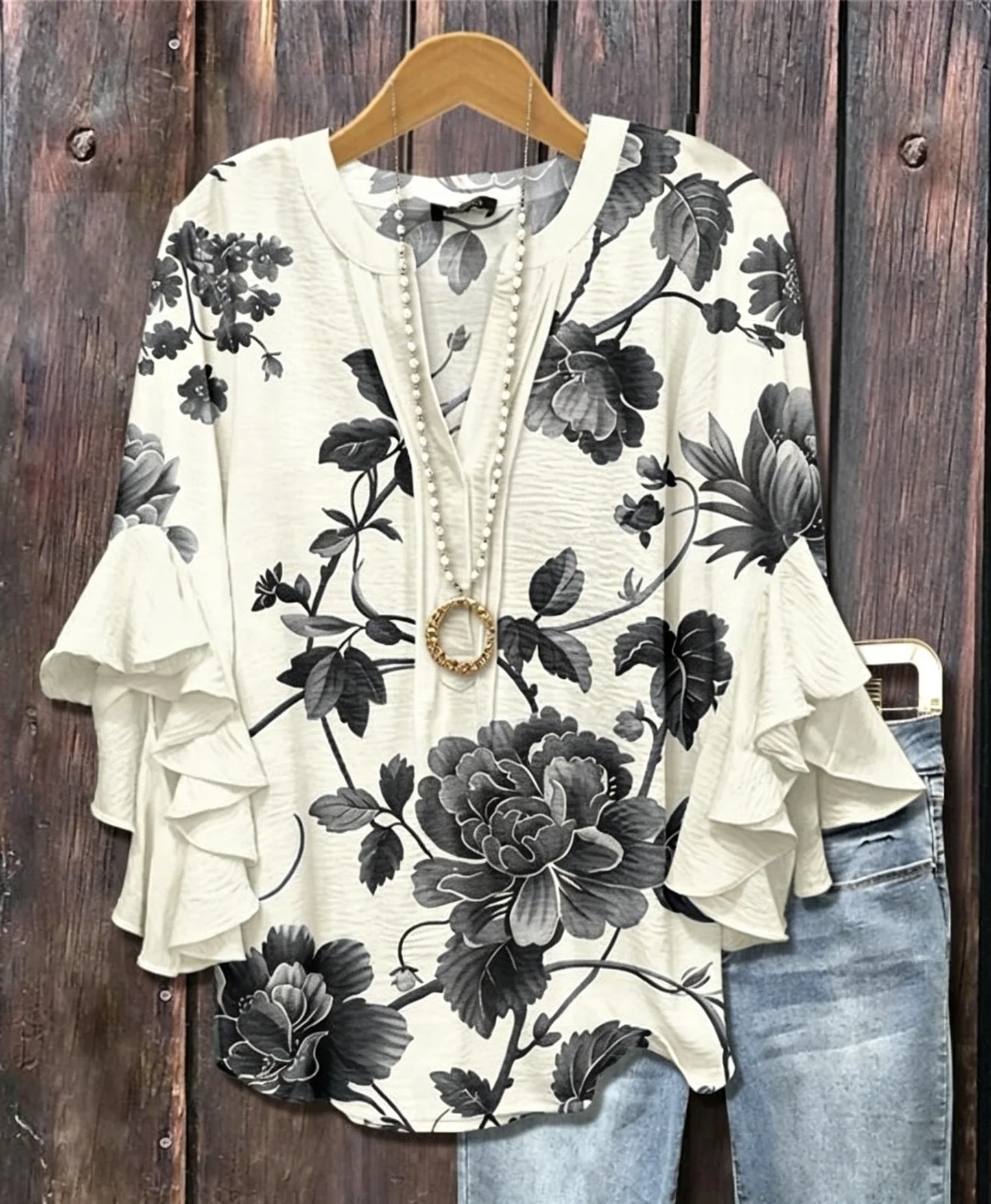 Women's V Neck Ruffle Half Sleeve Floral Print Blouse, Casual Daily Holiday Tops White Green Spring Summer