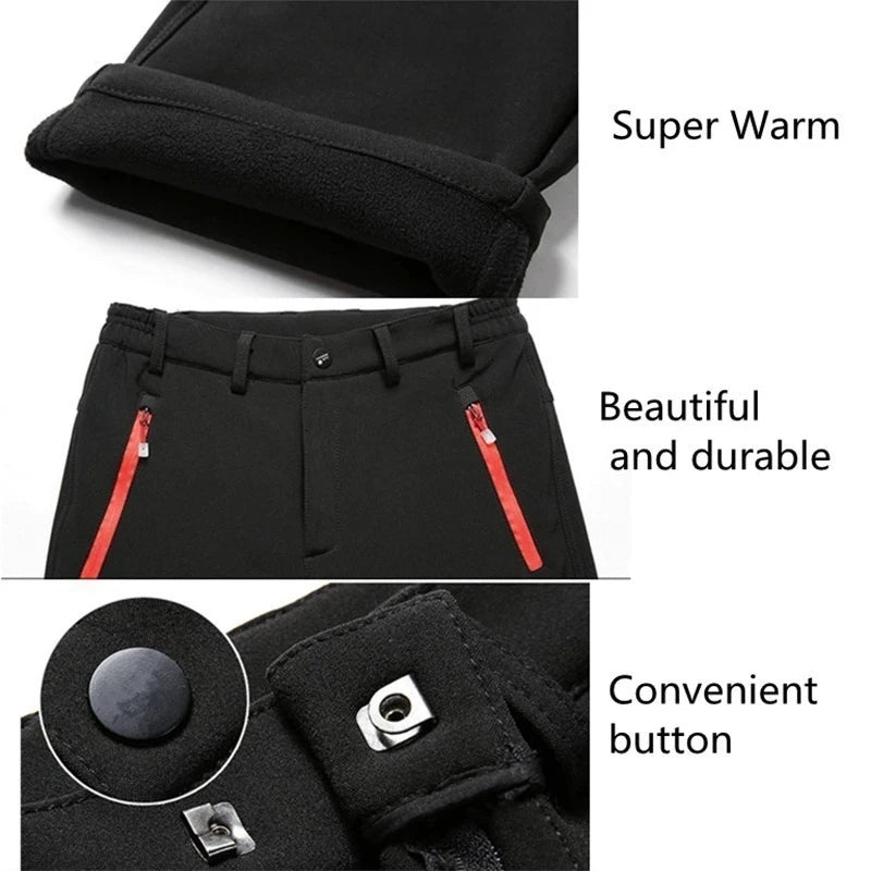 Black pants with red zippers and a button, labeled for warmth, durability, and convenience.