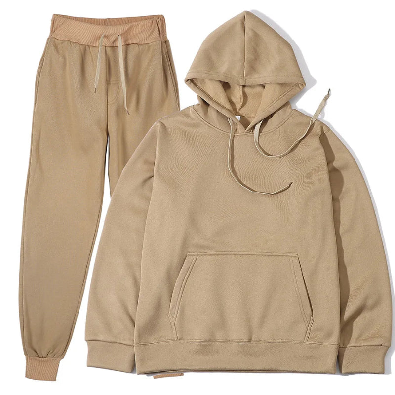 Beige hoodie and jogger pants set on a white background