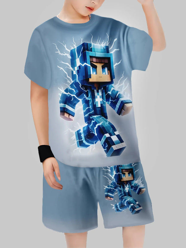 Child wearing a gray t-shirt and shorts set with a blue robot graphic on a plain background