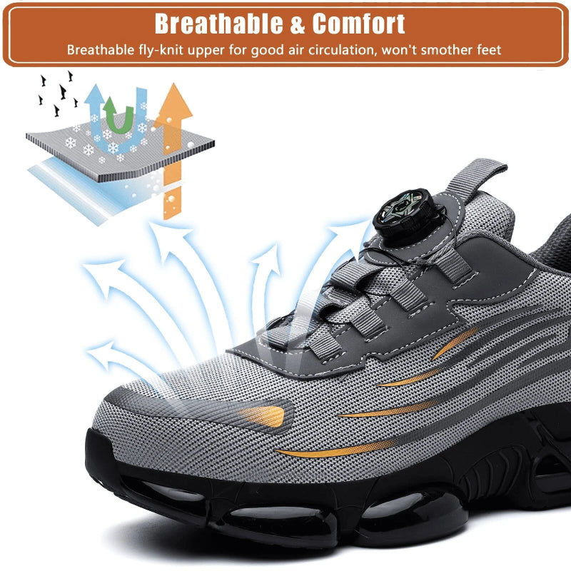 Gray athletic shoe with text about breathability and comfort on a white background