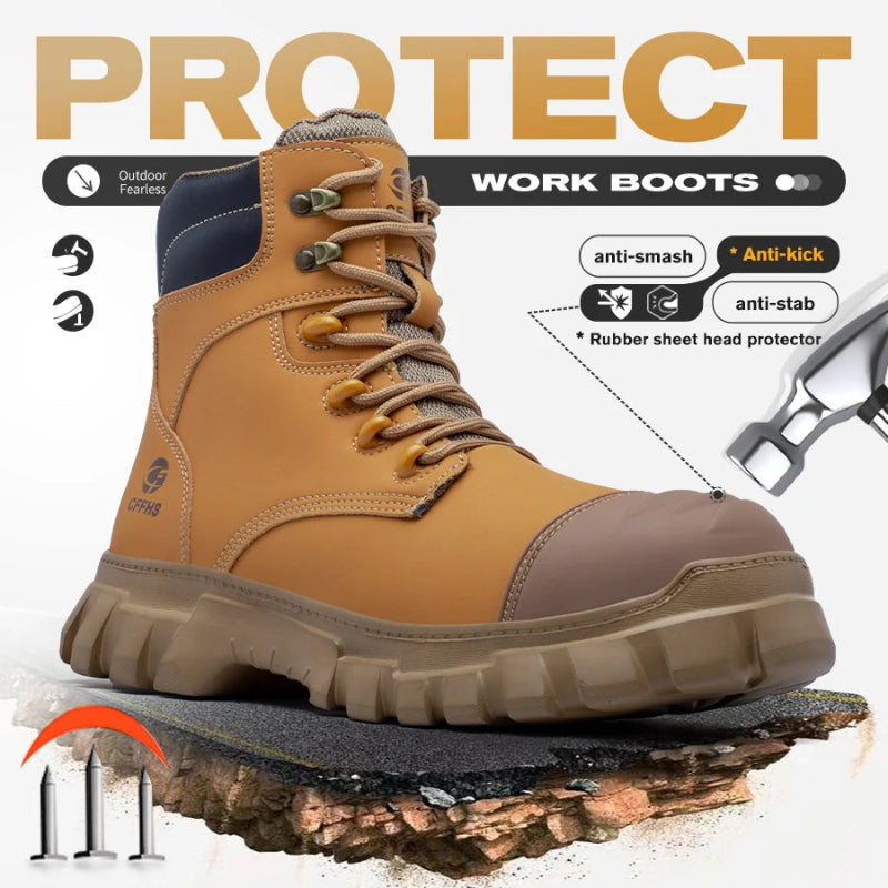 Brown work boot with protective features on a white background