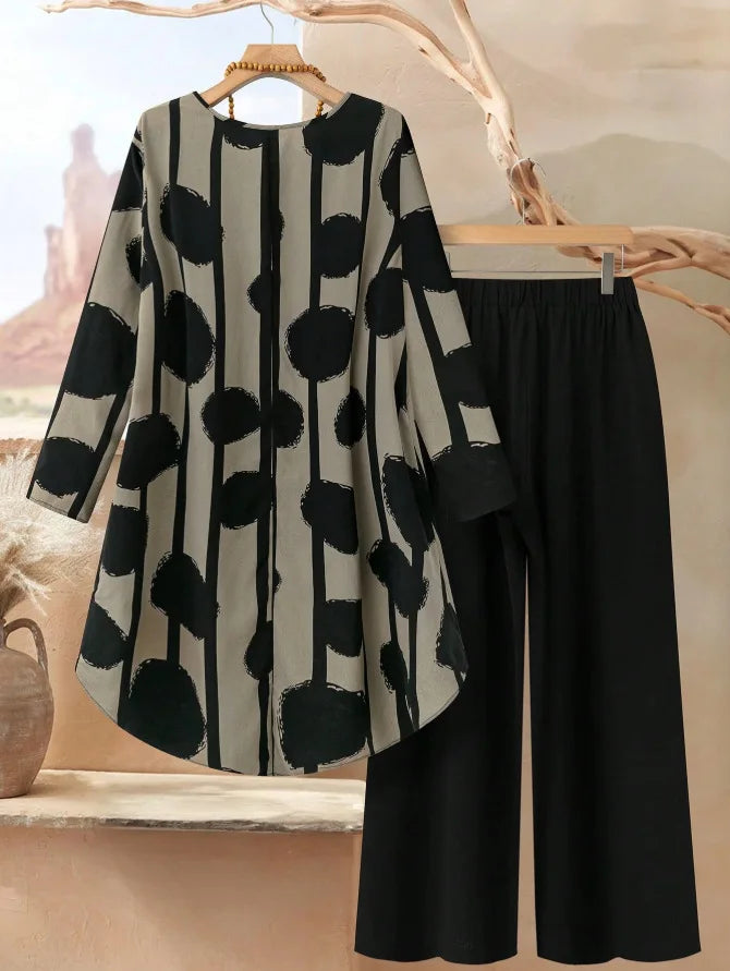 Casual Plus Size 2 Piece Set Women Outfit 2026 Fall Winter Summer Long Sleeve Floral Print Blouse Tops And Wide Leg Pant Sets