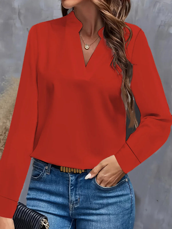 Women’s elegant light blue V-neck long sleeve loose fit office blouse red