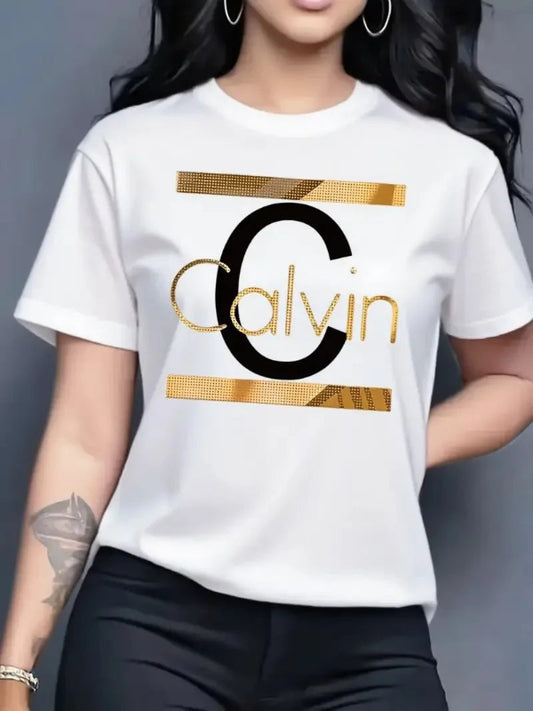 Person wearing a white t-shirt with a gold and black 'Calvin' logo on a dark background