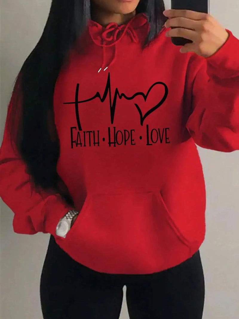Faith Hope Love Letter Graphic Women Hoody  - Red