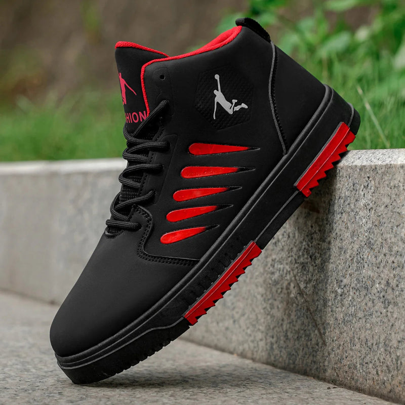 Black and red sneaker with a brand logo on a stone surface