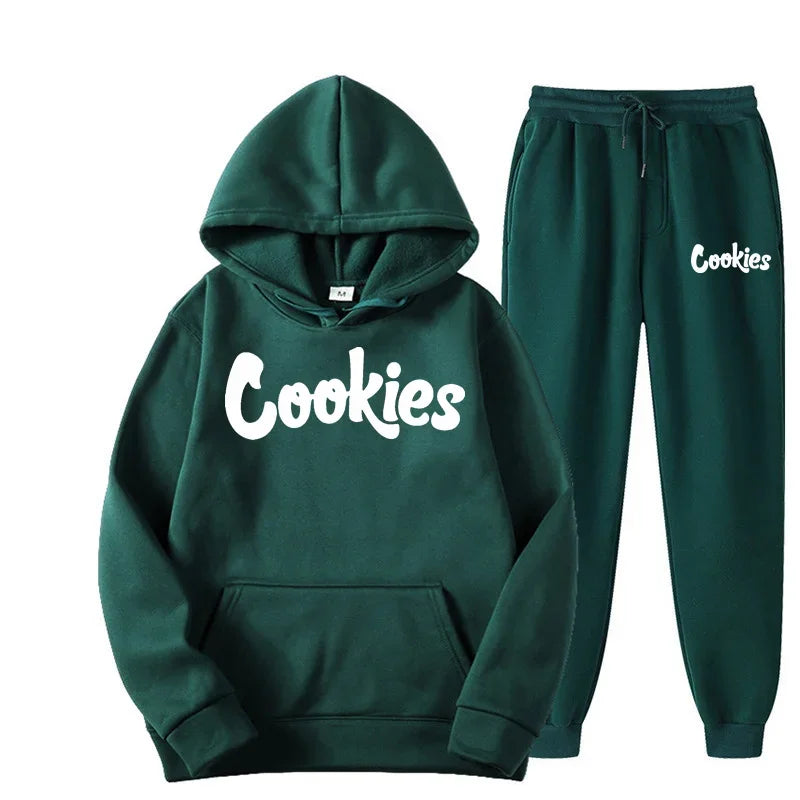 Green 'Cookies' hoodie and sweatpants set on a white background