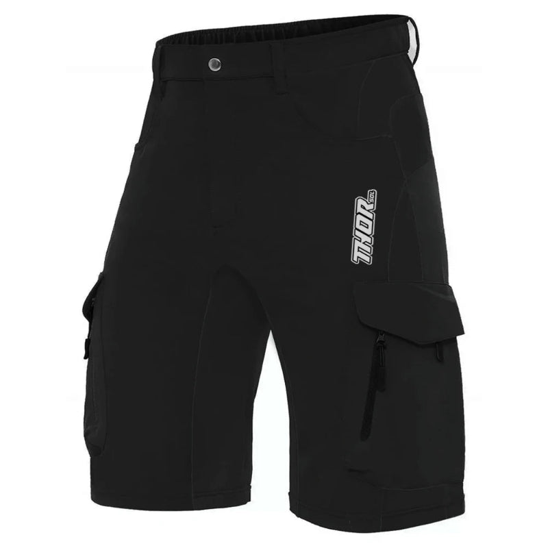 Black cargo shorts with a brand logo on a white background