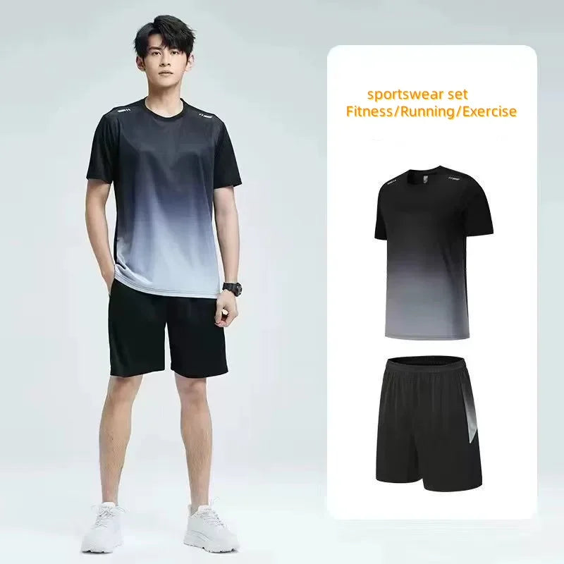 Person wearing a black and gray gradient sports outfit with text indicating fitness and exercise use.