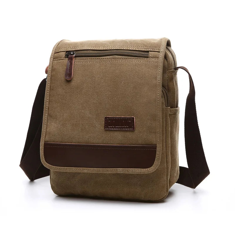 Brown canvas crossbody bag with a visible brand label on a white background