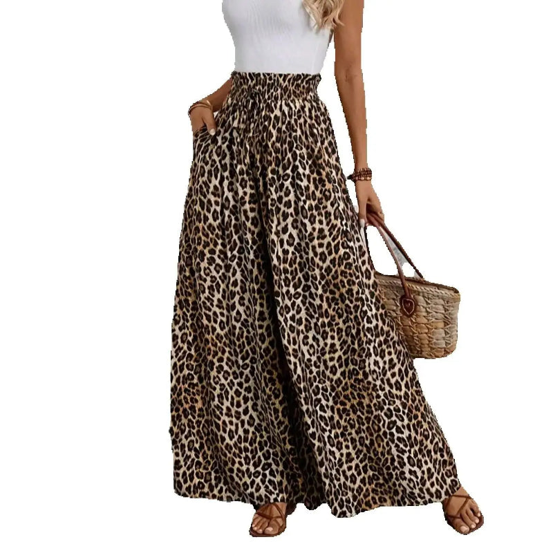Woman wearing a leopard print skirt on a white background