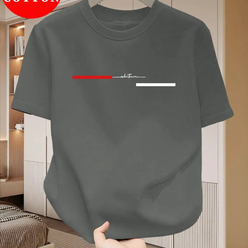 Gray t-shirt with a red and white graphic on a hanger against a neutral background