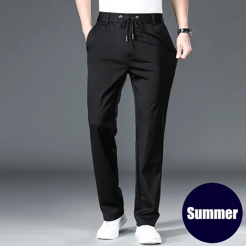 Black pants worn by a person on a gray background with 'Summer' label.