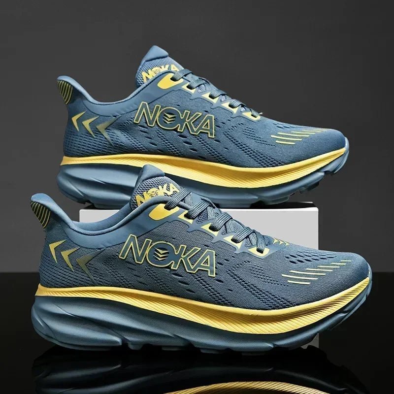 Blue and yellow running shoes with 'Noka' branding on a dark background