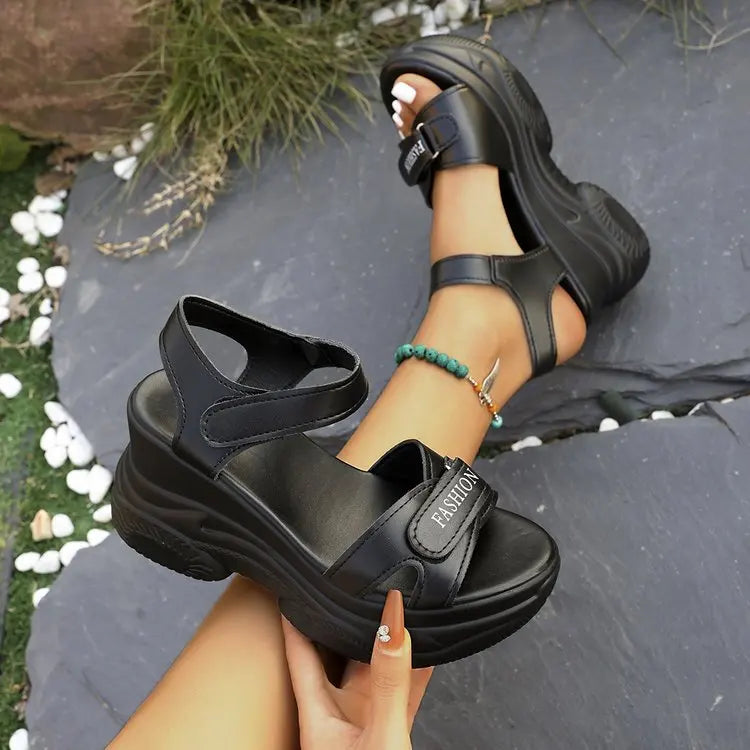 Casual Sporty Women's Sandals Summer Thick Heel Roman Beach Shoes Soft Bottom with Water Diamond Tape Ladies Slippers
