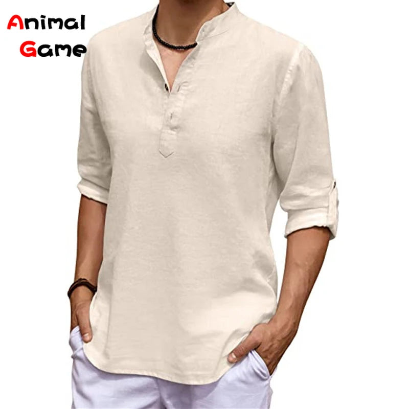 Man wearing a beige long-sleeve shirt with rolled-up sleeves on a white background, with 'Animal Game' branding.
