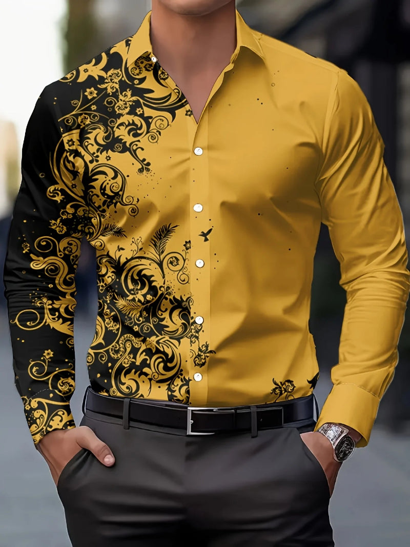 Yellow shirt with black intricate patterns worn by a person