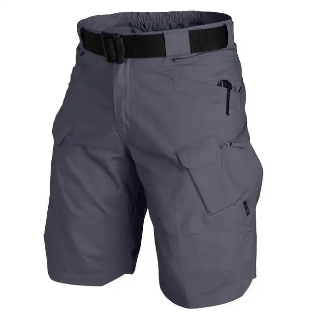 Gray tactical shorts with multiple pockets and a black belt on a white background
