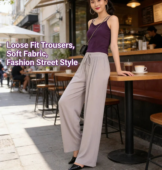 Woman wearing loose fit trousers and a purple top in a street cafe setting
