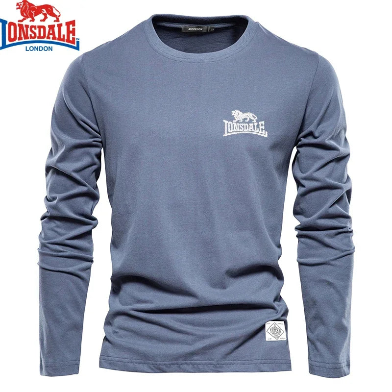 Men’s embroidered LONSDALE 100% cotton long sleeve round neck T-shirt – casual and outdoor sportswear. light blue
