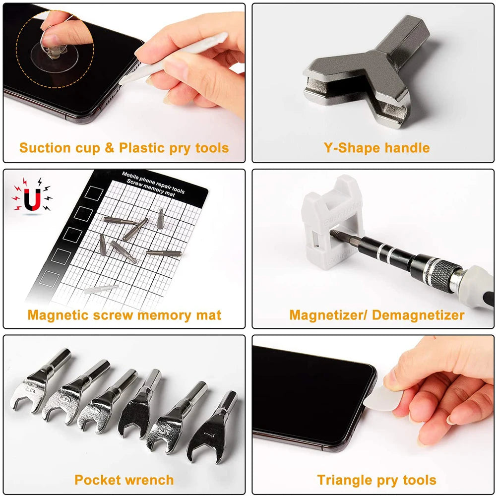Collection of phone repair tools including suction cup, plastic pry tools, Y-shape handle, magnetic screw memory mat, magnetizer/demagnetizer, pocket wrench, and triangle pry tools.