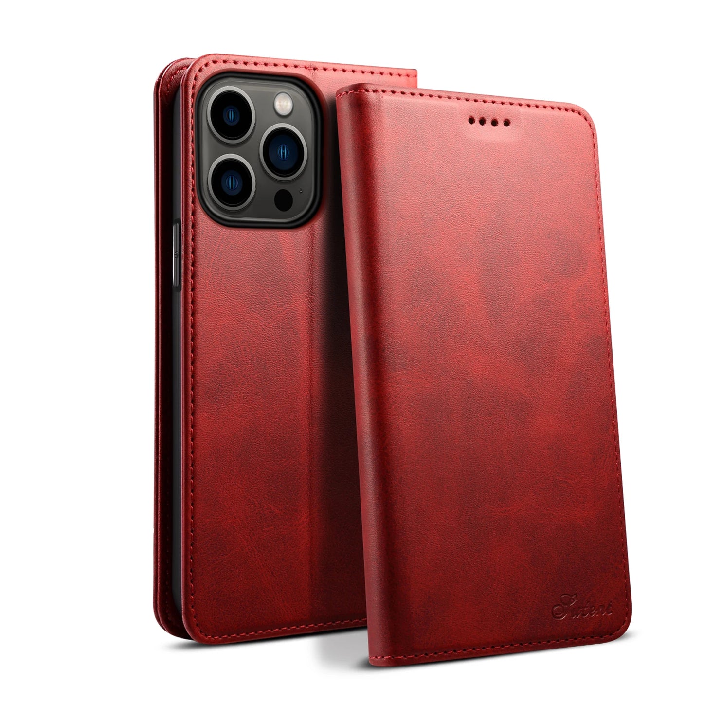 Red leather phone case with a brand logo on a white background