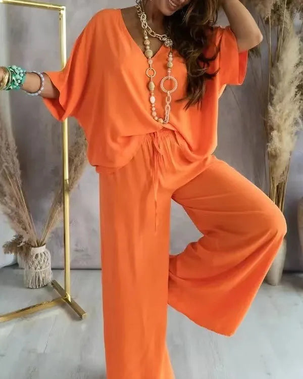 Women’s 2-piece vacation outfit V-neck blouse and wide leg beachwear pants set orange