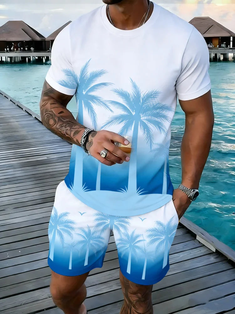 Popular Coconut Tree Printed T-shirt Sets Hawaii Style Tee Shorts Outfits Summer Vacation Two-piece Sets Hot Sell Men's Clothing