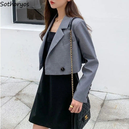 Cropped blazer for women – trendy Korean style notched slim fit chic solid color fashion suit outwear

